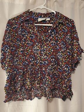 Anthropologie Black Floral Collared Button Down Blouse